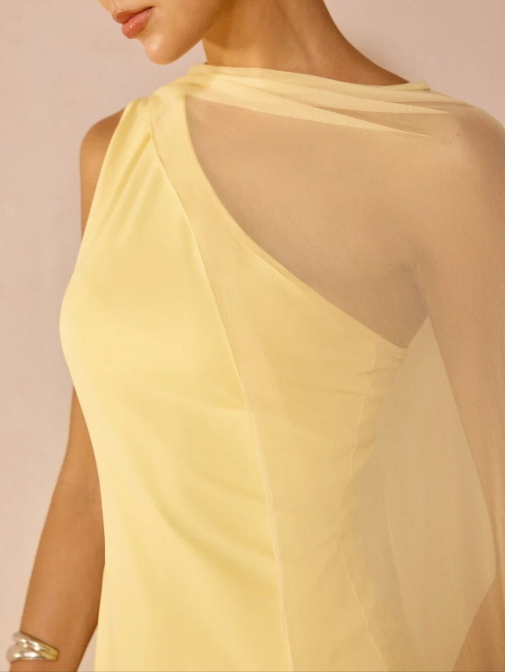 Commense Light Yellow Sheer Drape Slim Maxi Dress Size M - Picture 2 of 3
